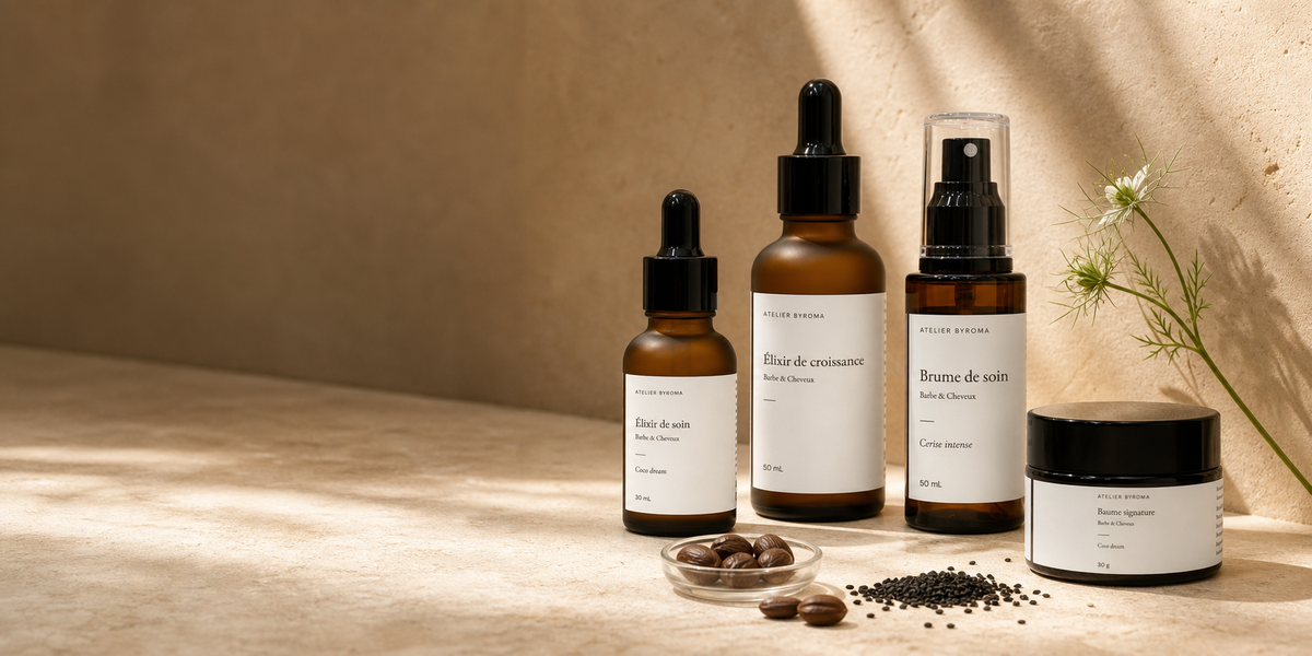 Gamme de soins naturels pour barbe et cheveux Atelier Byroma