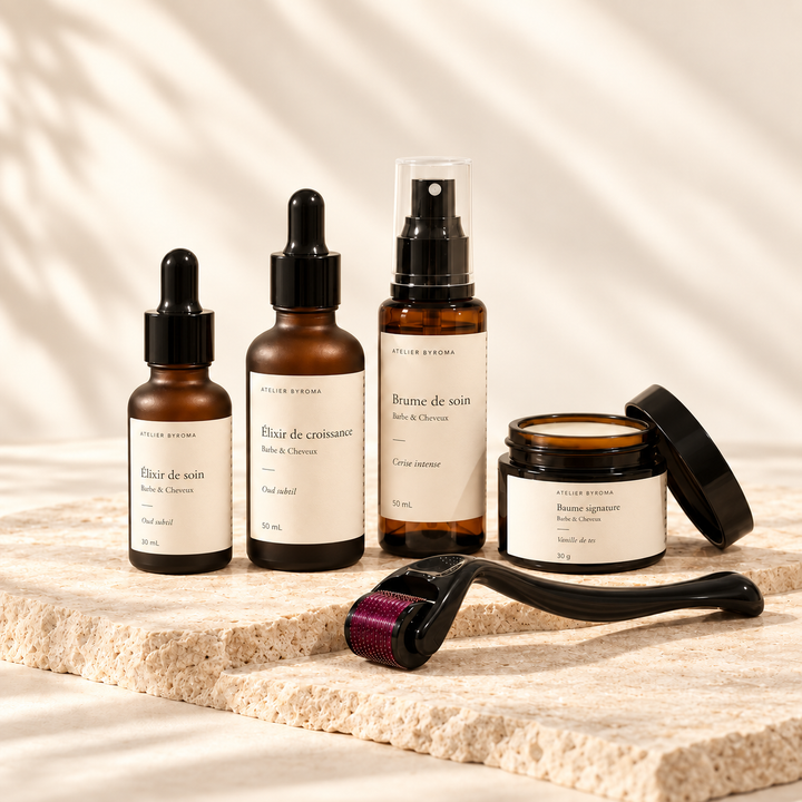 Coffret Rituel Signature Atelier Byroma : Élixir de soin, Élixir de croissance, Brume de soin, Baume Signature et Dermaroller